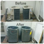 Side-by-side comparison showing old HVAC units in the "Before" image and modern, energy-efficient Trane units in the "After" image, both installed outside a residential building.
