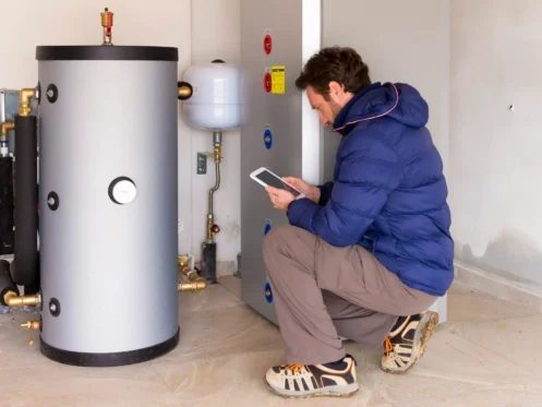 Technician inspecting heating system and boiler using a tablet