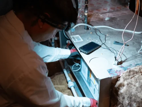 HVAC technician repairing a furnace with tools and headlamp